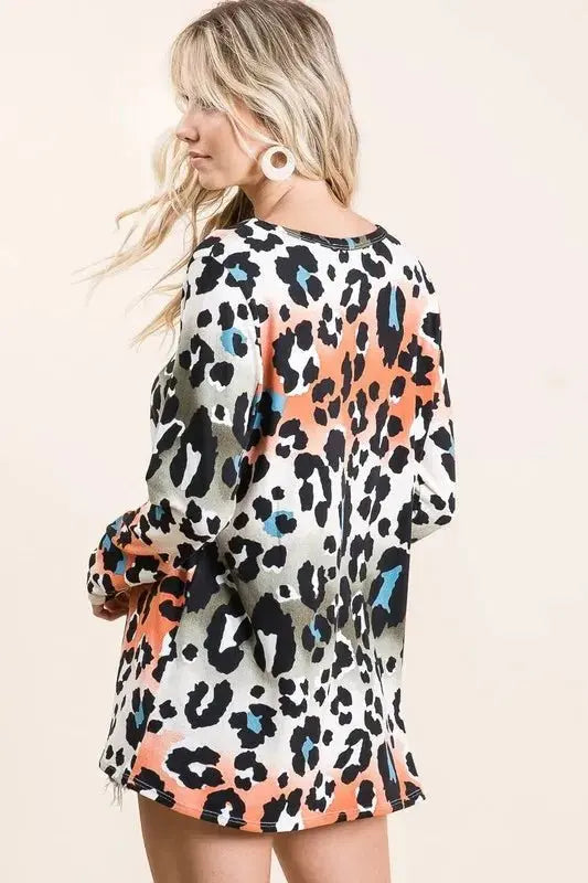 BiBi Gradation Leopard Print Soft Knit Deep U Neck Top - Love Salve